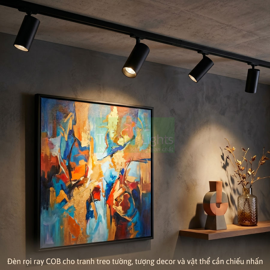 Đèn rọi ray COB màu đen chiếu sáng tranh treo tường và kệ decor trong phòng khách hiện đại