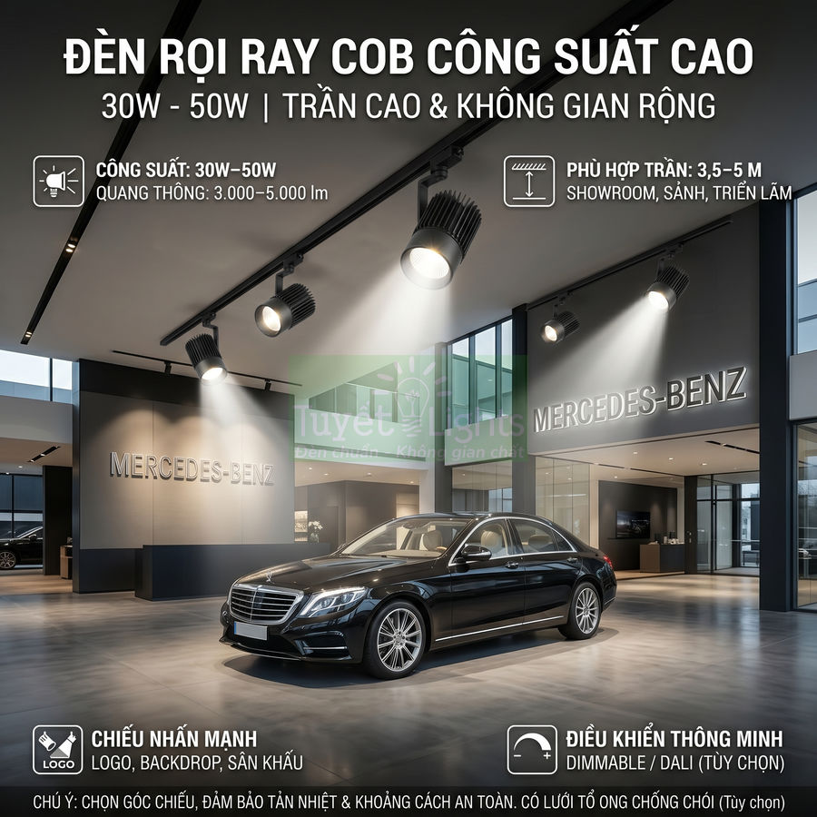 Đèn rọi ray COB công suất cao chiếu sáng showroom ô tô Mercedes-Benz trần cao không gian rộng