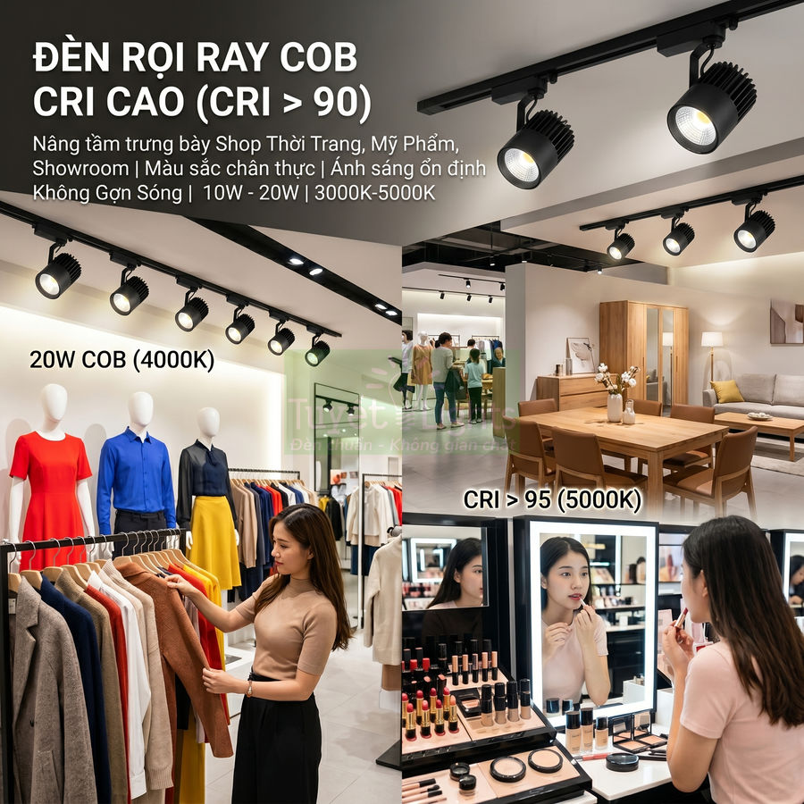 Đèn rọi ray COB CRI cao chiếu sáng shop thời trang, showroom nội thất và bàn trang điểm mỹ phẩm