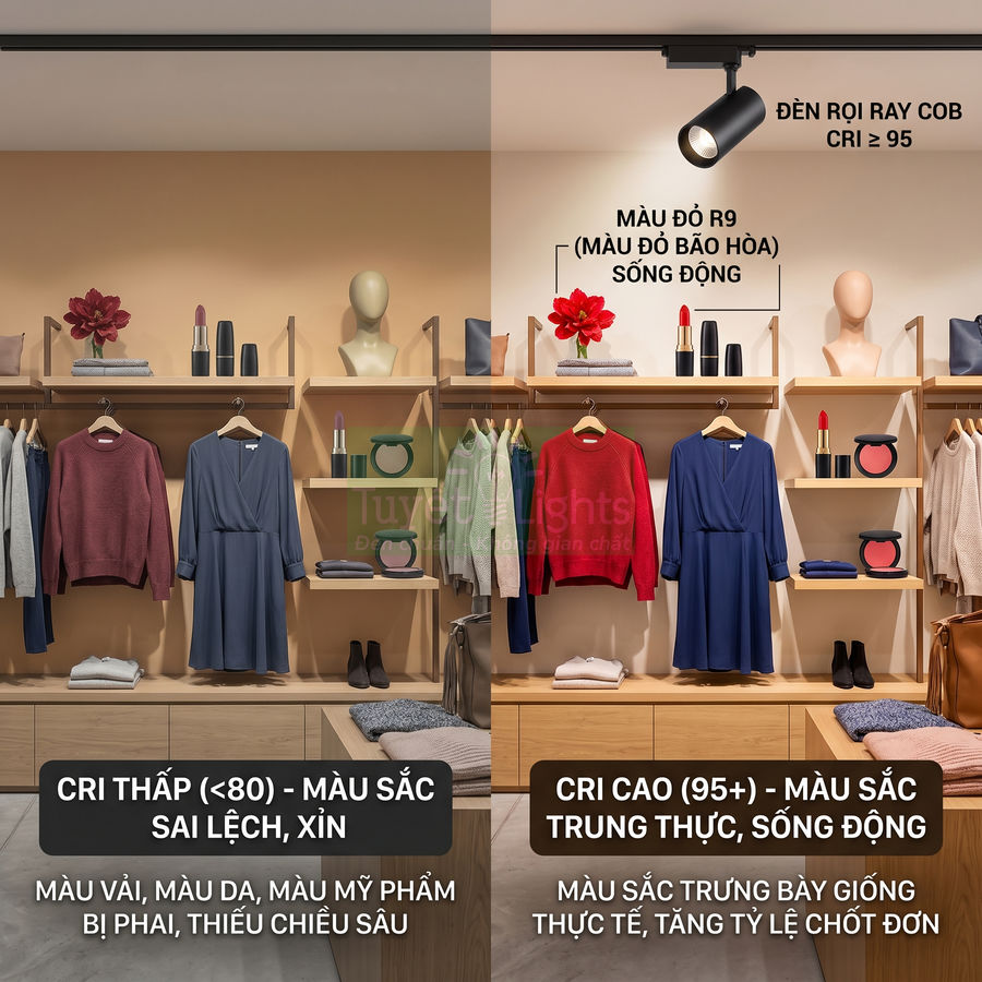 Đèn rọi ray COB CRI cao chiếu sáng cửa hàng quần áo và mỹ phẩm, giúp màu sắc trang phục và sản phẩm trung thực, sống động
