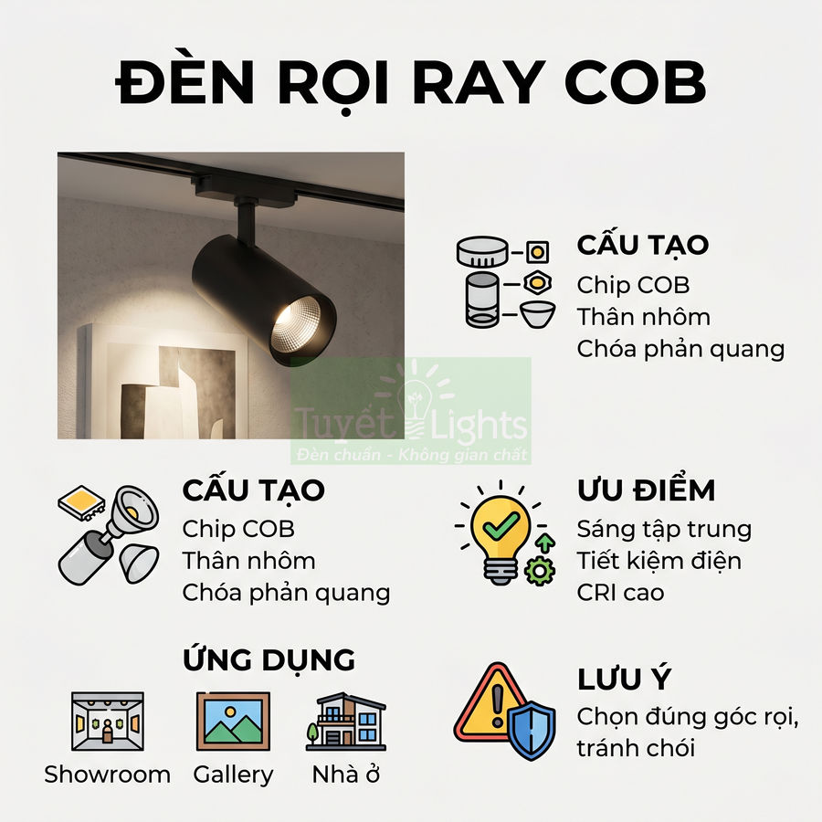 Đèn rọi ray COB thân nhôm màu đen chiếu tranh treo tường, dùng cho showroom, gallery và nhà ở