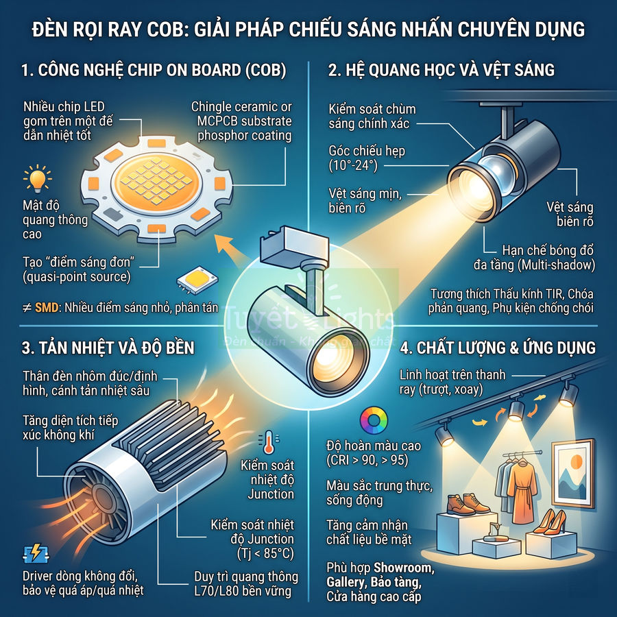 Đèn rọi ray COB chiếu sáng sản phẩm trưng bày trong showroom, minh họa cấu tạo chip LED và tản nhiệt