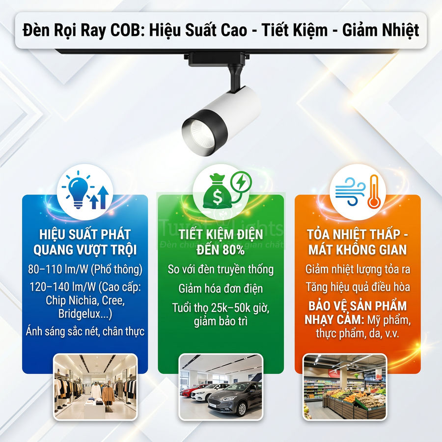 Đèn rọi ray COB màu trắng đen treo trần, hiệu suất cao tiết kiệm điện, chiếu sáng cửa hàng và siêu thị