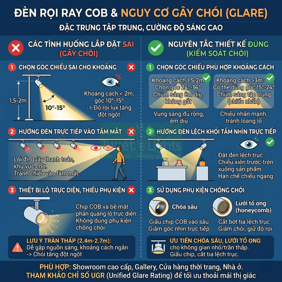 Hướng dẫn lắp đặt đèn rọi ray COB chống chói, chọn góc chiếu và phụ kiện cho showroom, cửa hàng thời trang