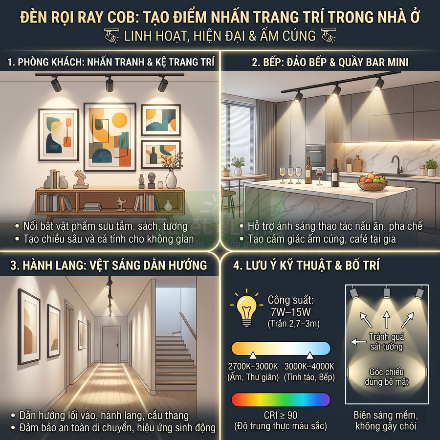 Đèn rọi ray COB trang trí nội thất phòng khách, bếp và hành lang, tạo điểm nhấn ánh sáng hiện đại ấm cúng