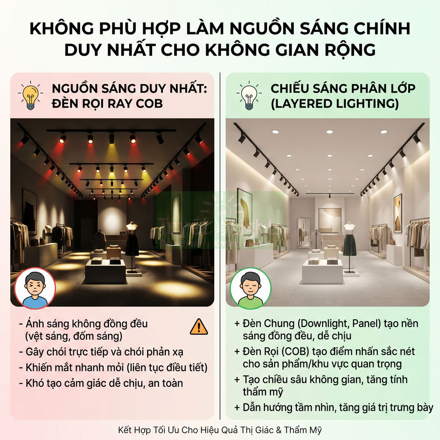 So sánh chiếu sáng cửa hàng thời trang với đèn rọi ray COB đơn lẻ và hệ thống chiếu sáng phân lớp tối ưu