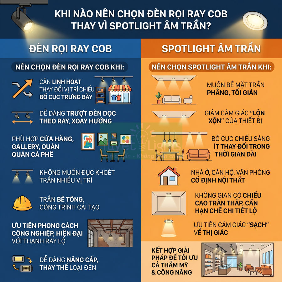 So sánh đèn rọi ray COB và spotlight âm trần, hướng dẫn chọn loại đèn phù hợp cho cửa hàng, nhà ở, văn phòng