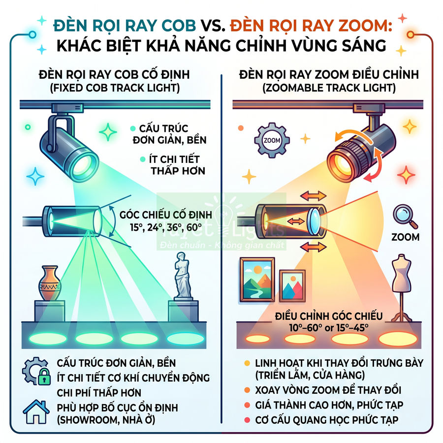 So sánh đèn rọi ray COB cố định và đèn rọi ray zoom điều chỉnh góc chiếu cho không gian trưng bày