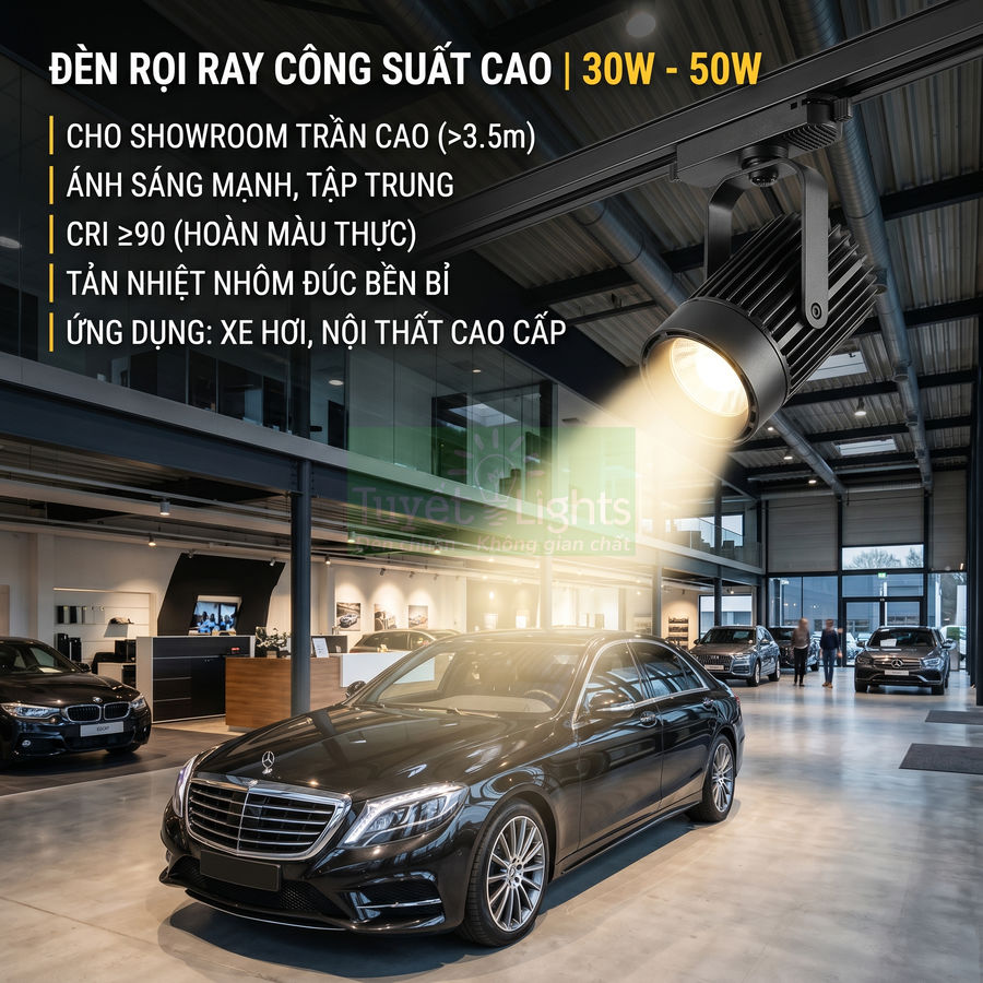 Đèn rọi ray công suất cao chiếu sáng mạnh cho showroom ô tô cao cấp
