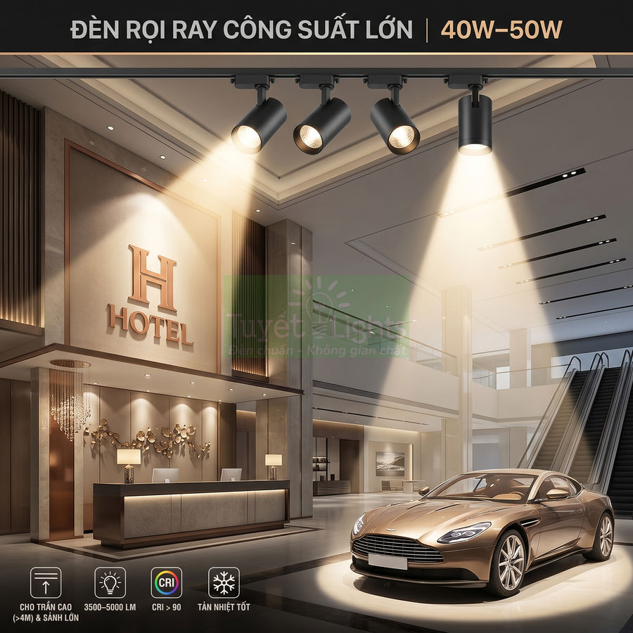 Đèn rọi ray công suất lớn 40W 50W chiếu sáng sảnh khách sạn cao cấp và ô tô trưng bày