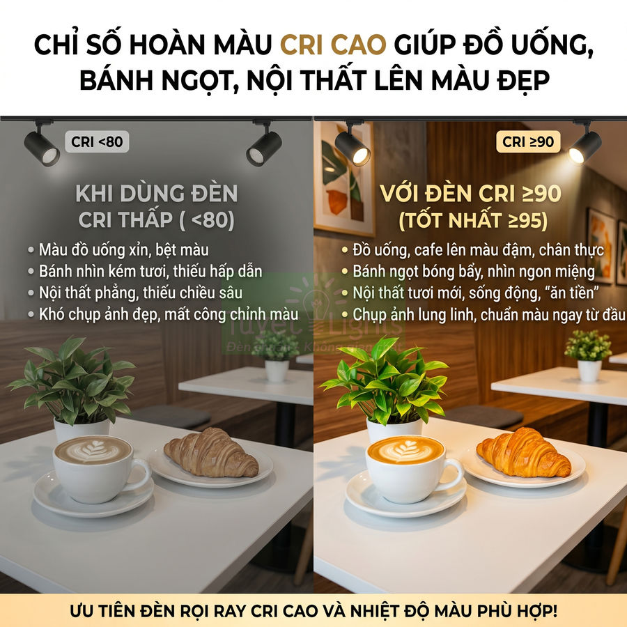 So sánh ánh sáng đèn rọi ray CRI thấp và CRI cao chiếu vào ly cà phê latte, bánh croissant và chậu cây trên bàn