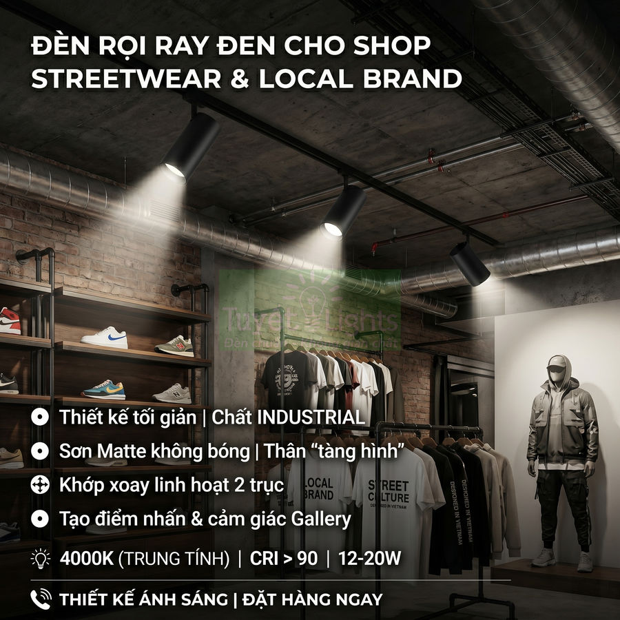 Đèn rọi ray đen chiếu sáng shop thời trang streetwear phong cách industrial, làm nổi bật quần áo và giày trưng bày