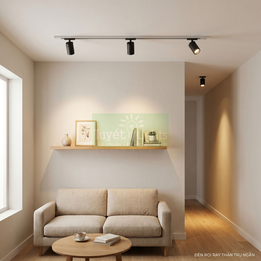 Đèn rọi ray trụ đen lắp trần chiếu sáng phòng khách hiện đại với sofa và kệ gỗ trang trí