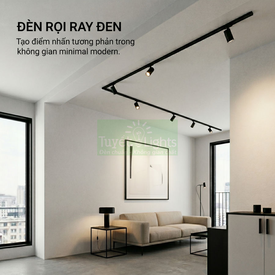 Đèn rọi ray đen Tuyết Lights lắp trần chiếu sáng phòng khách phong cách minimal hiện đại