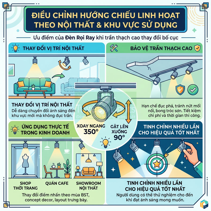 Infographic ưu điểm đèn rọi ray trần thạch cao, điều chỉnh hướng chiếu linh hoạt cho nội thất và kinh doanh