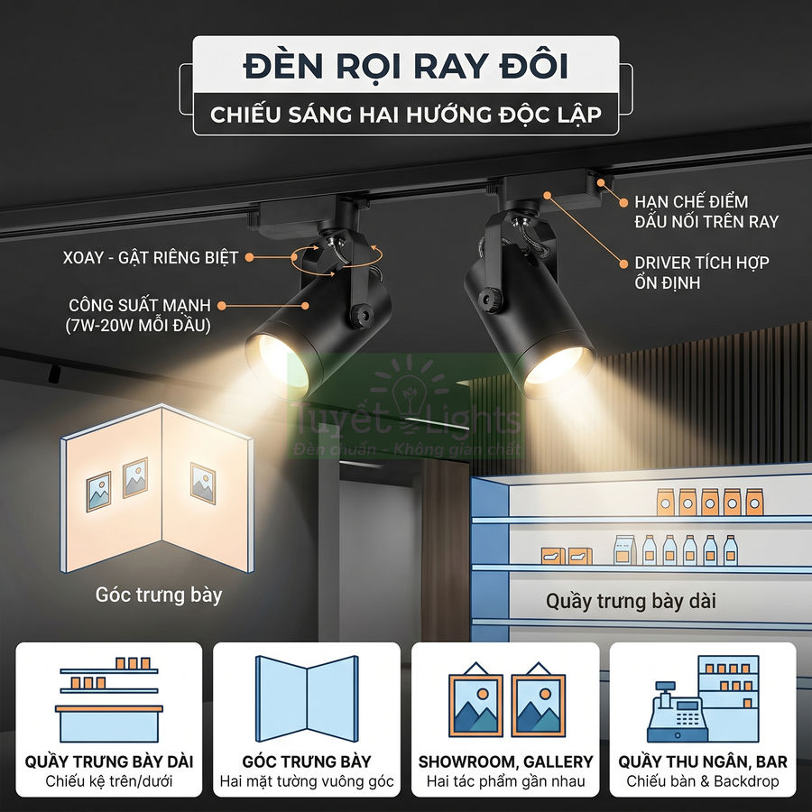 Đèn rọi ray đôi màu đen chiếu sáng hai hướng độc lập cho quầy trưng bày và showroom