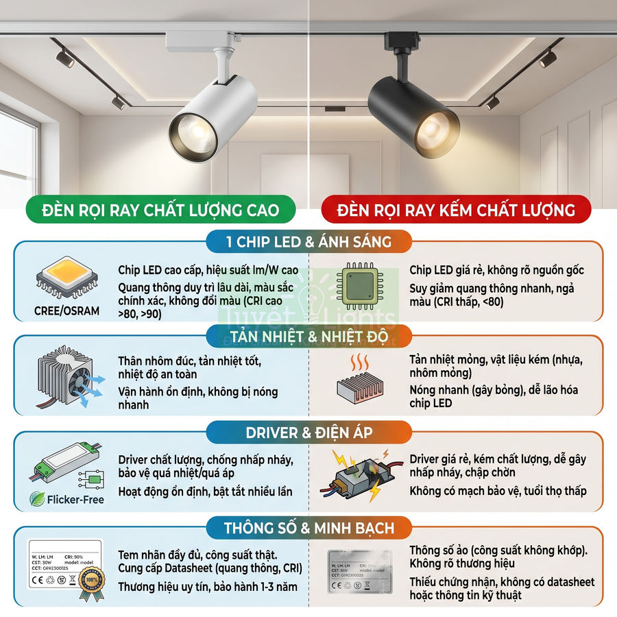 So sánh đèn rọi ray LED chất lượng cao và kém chất lượng về chip LED, tản nhiệt, driver và thông số kỹ thuật