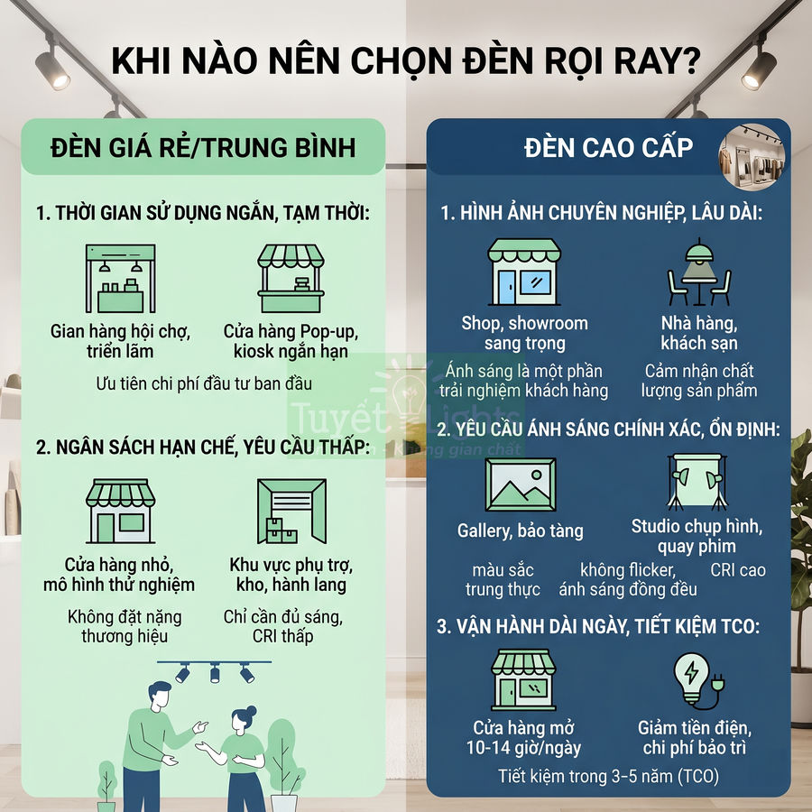 Infographic so sánh khi nên chọn đèn rọi ray giá rẻ và đèn rọi ray cao cấp cho cửa hàng, showroom