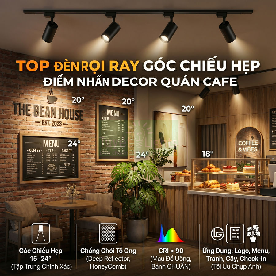 Đèn rọi ray góc chiếu hẹp chiếu sáng trang trí quán cafe hiện đại với menu tường gạch và quầy bánh ngọt