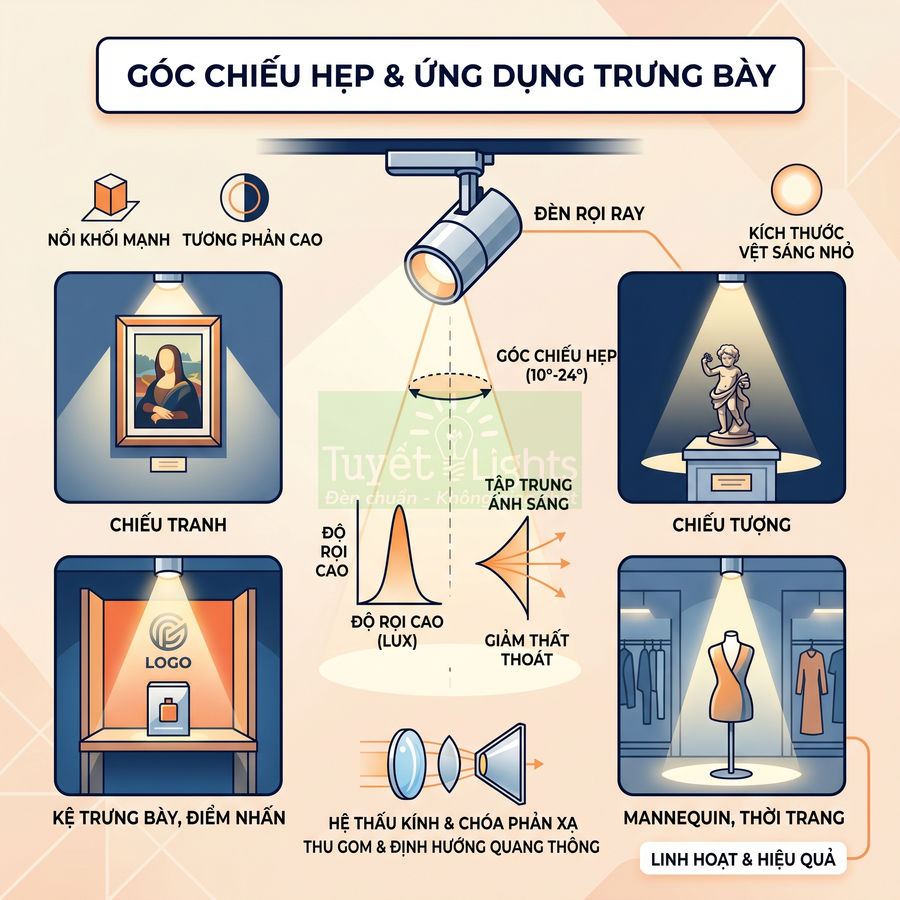 Infographic đèn rọi ray góc chiếu hẹp Tuyết Lights dùng chiếu tranh, tượng, kệ trưng bày và mannequin thời trang
