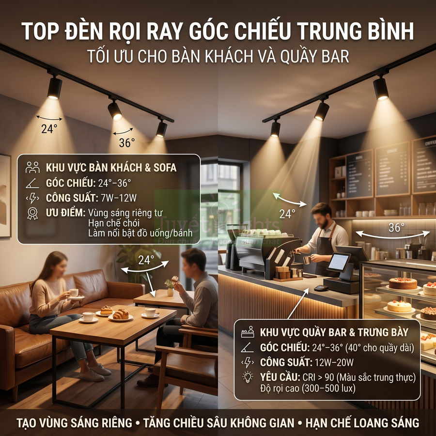 Đèn rọi ray góc chiếu trung bình chiếu sáng bàn khách và quầy bar trong quán cà phê hiện đại