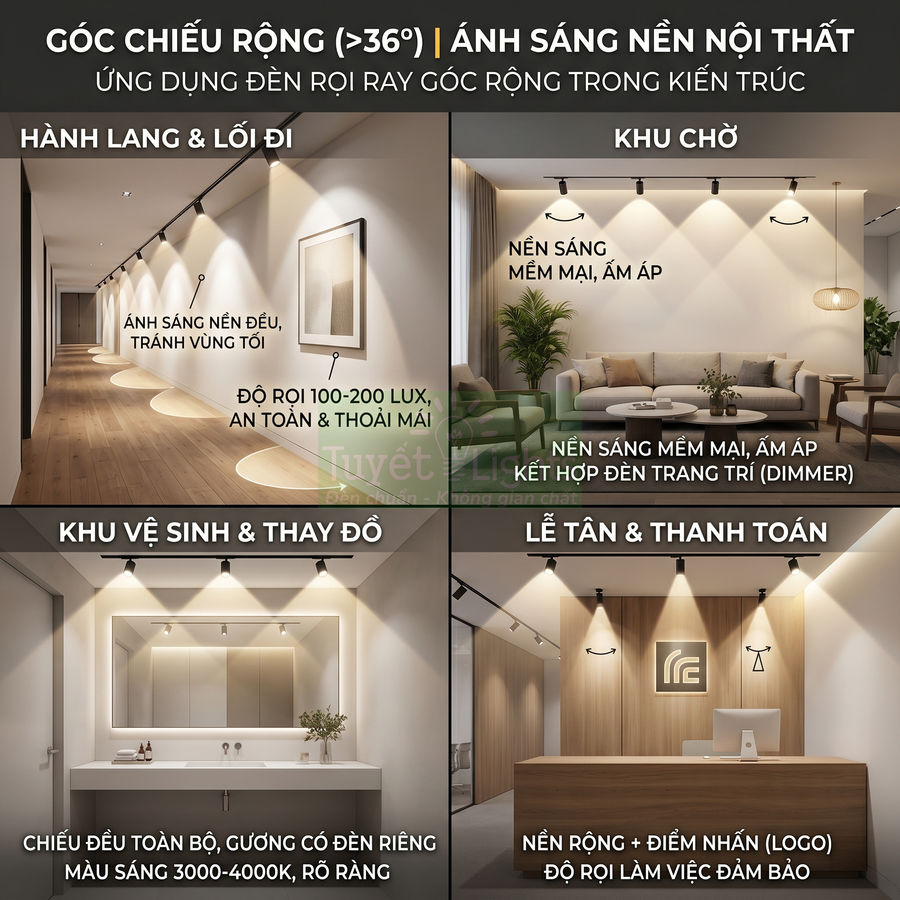 Ứng dụng đèn rọi ray góc rộng chiếu sáng nội thất hành lang, khu chờ, vệ sinh và quầy lễ tân hiện đại