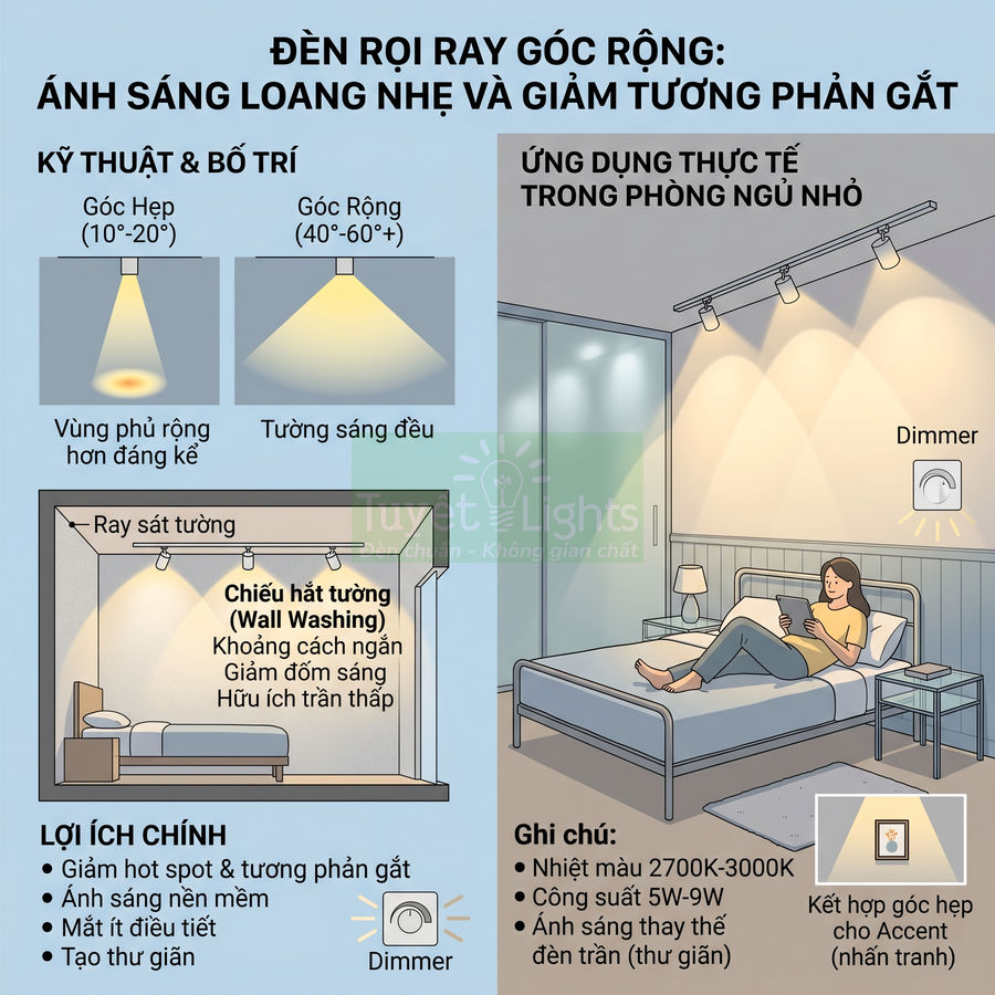 Đèn rọi ray góc rộng chiếu sáng phòng ngủ nhỏ, ánh sáng nền mềm giảm chói và tạo không gian thư giãn