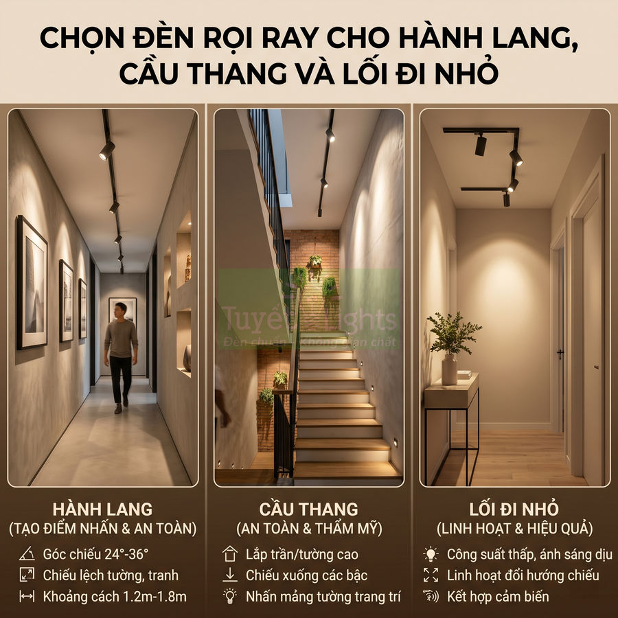 Đèn rọi ray chiếu sáng hành lang, cầu thang và lối đi nhỏ trong nhà, tạo điểm nhấn và an toàn khi di chuyển