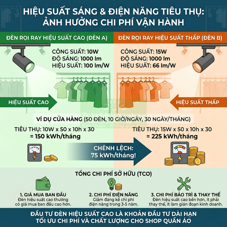 So sánh đèn rọi ray hiệu suất cao và hiệu suất thấp cho shop quần áo, nhấn mạnh tiết kiệm điện năng
