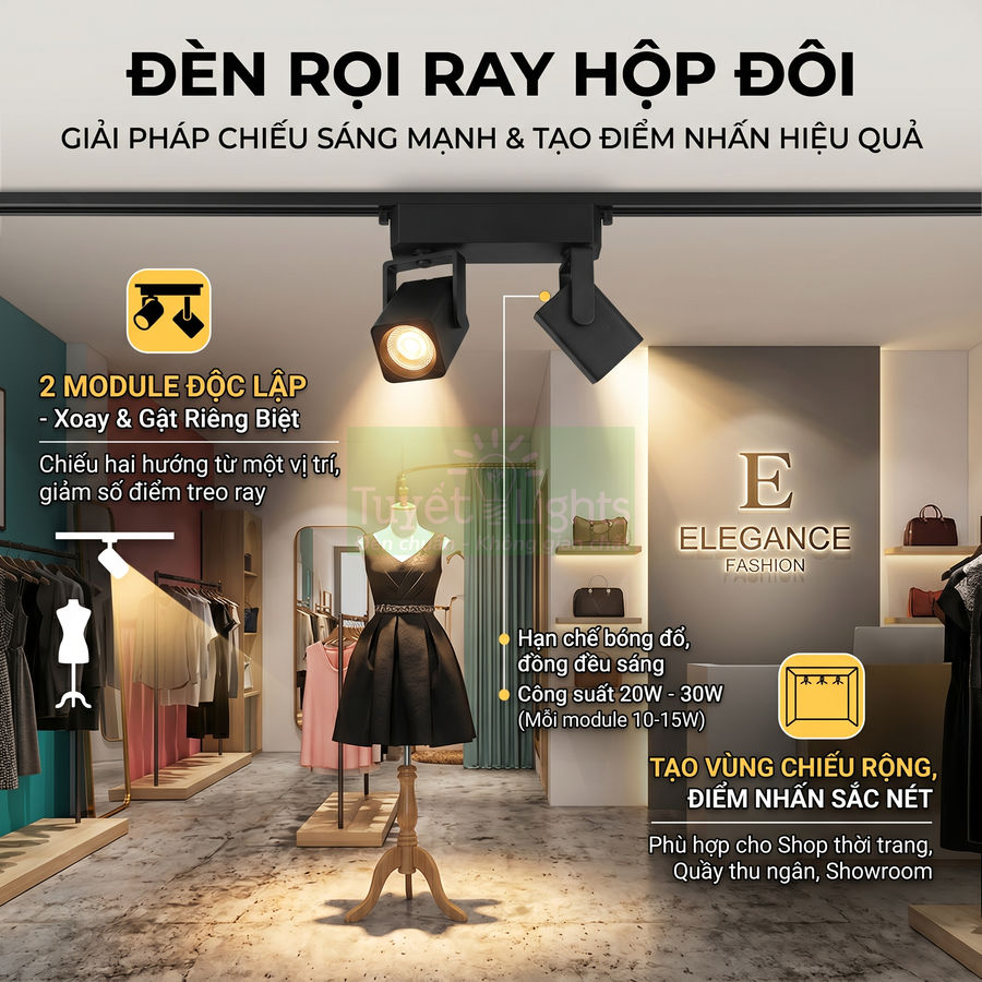 Đèn rọi ray hộp đôi chiếu sáng mạnh cho shop thời trang, làm nổi bật ma nơ canh và sản phẩm trưng bày