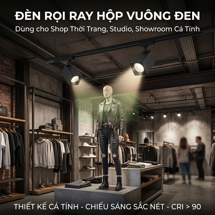 Đèn rọi ray hộp vuông đen chiếu sáng ma nơ canh trong shop thời trang phong cách hiện đại