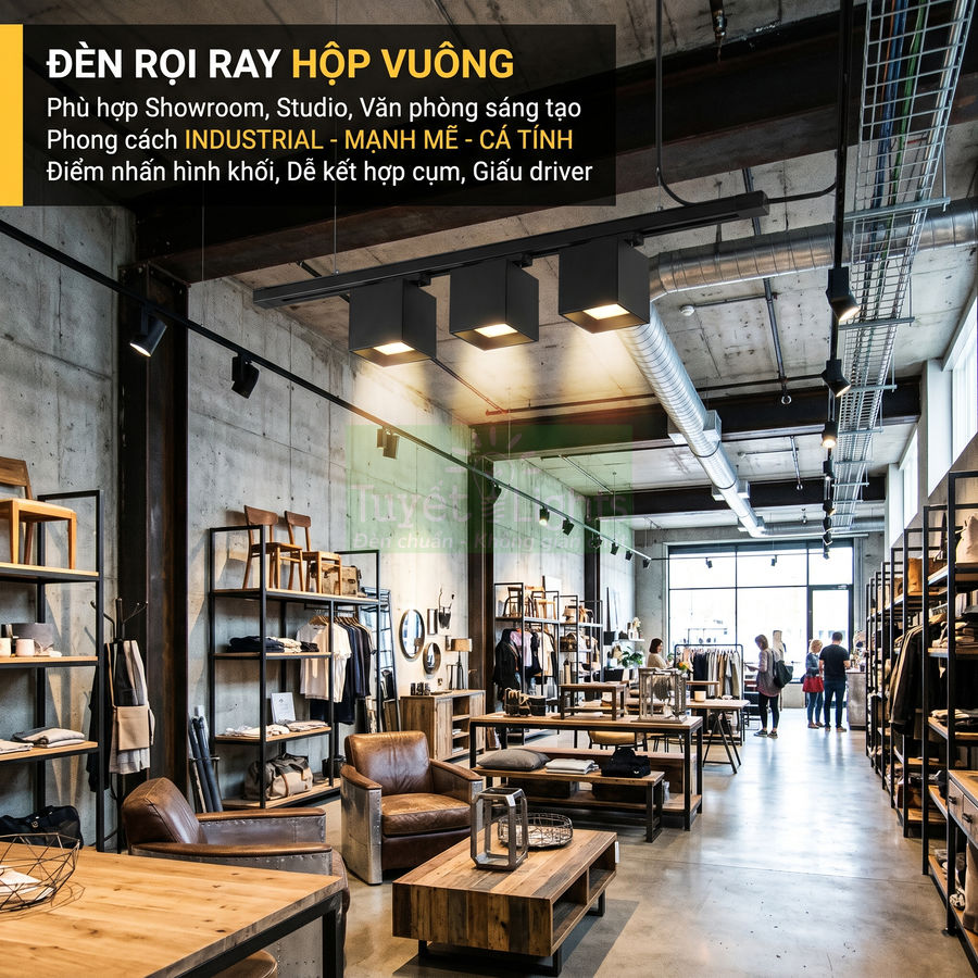 Đèn rọi ray hộp vuông chiếu sáng showroom nội thất phong cách industrial mạnh mẽ cá tính