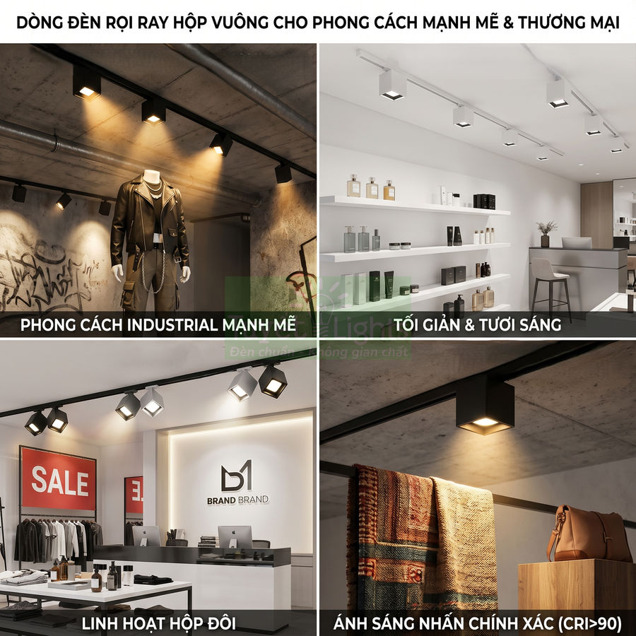 Đèn rọi ray hộp vuông chiếu sáng trưng bày cửa hàng thời trang và showroom hiện đại