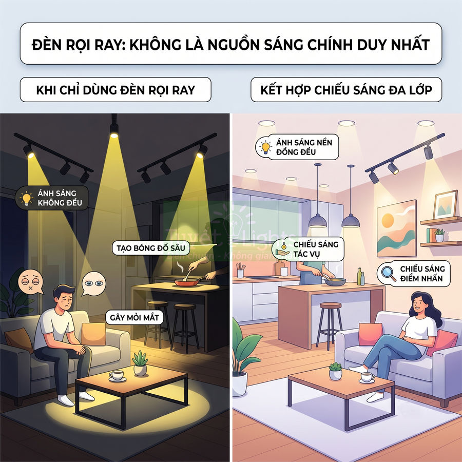 Minh họa so sánh phòng khách dùng riêng đèn rọi ray và phòng dùng đèn rọi ray kết hợp chiếu sáng đa lớp