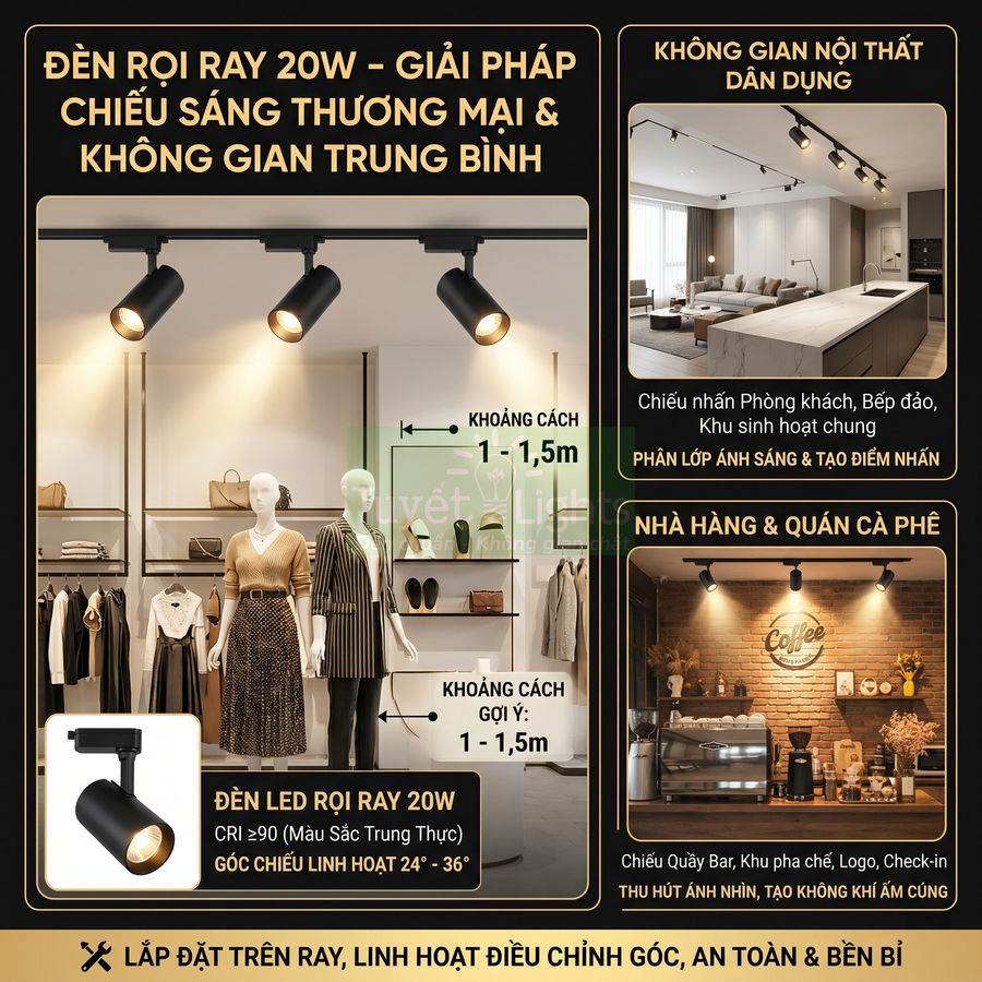 Đèn led rọi ray 20W màu đen chiếu sáng cửa hàng thời trang, phòng khách và quầy bar quán cà phê