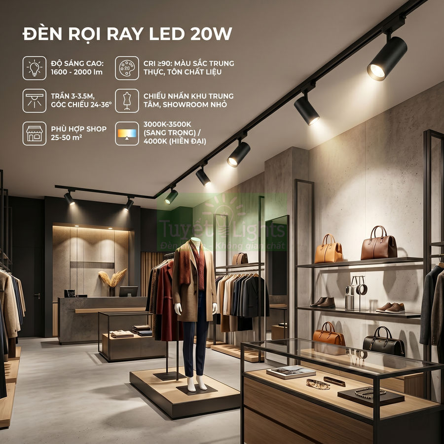 Đèn rọi ray LED 20W chiếu sáng shop thời trang cao cấp với ma nơ canh, quần áo và phụ kiện trưng bày
