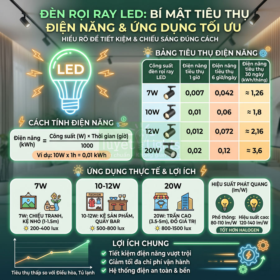 Infographic đèn rọi ray LED trình bày cách tính điện năng, mức tiêu thụ và ứng dụng chiếu sáng tiết kiệm