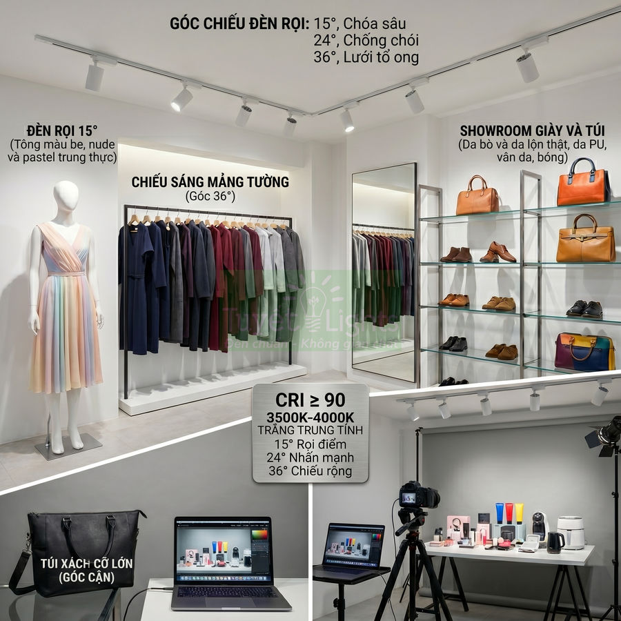 Hệ thống đèn rọi ray chiếu sáng showroom thời trang với quần áo, giày túi da và khu vực chụp sản phẩm