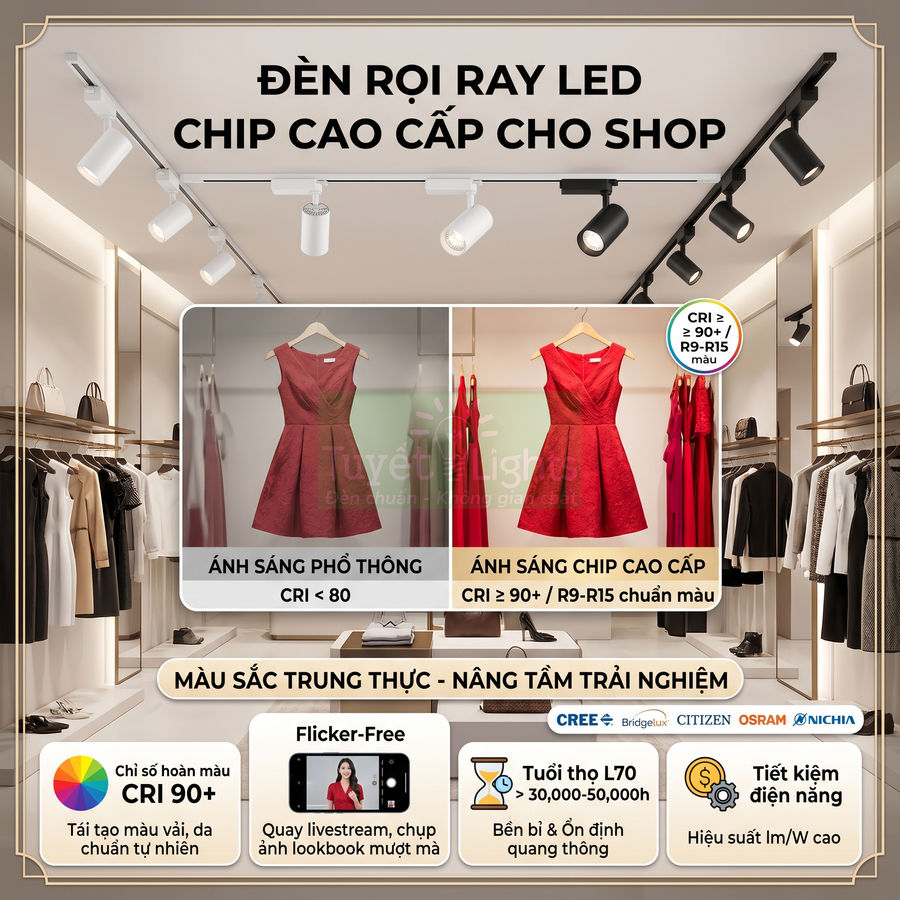 Đèn rọi ray LED chip cao cấp chiếu sáng shop quần áo, làm nổi bật váy đỏ trên giá treo