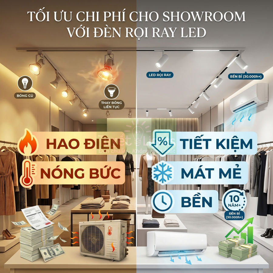 So sánh showroom dùng đèn rọi ray LED tiết kiệm điện, mát mẻ, bền với đèn cũ gây hao điện, nóng bức