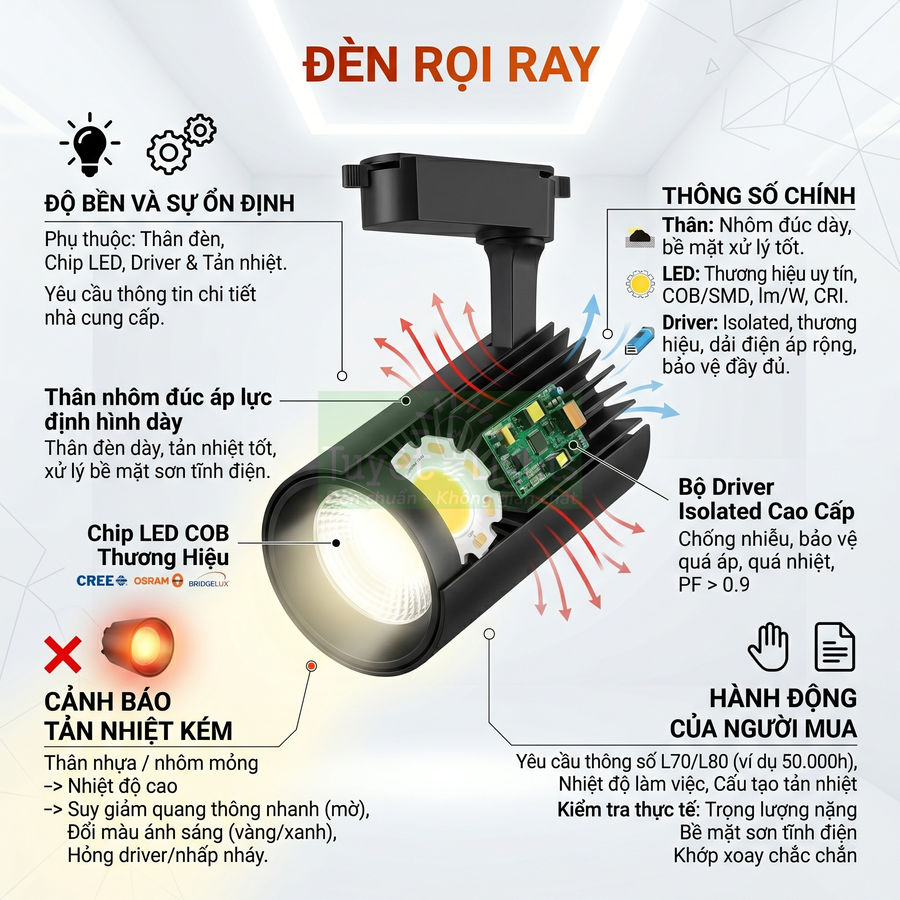 Đèn rọi ray LED COB thân nhôm đúc tản nhiệt tốt, driver cách ly cao cấp và thông số kỹ thuật chi tiết