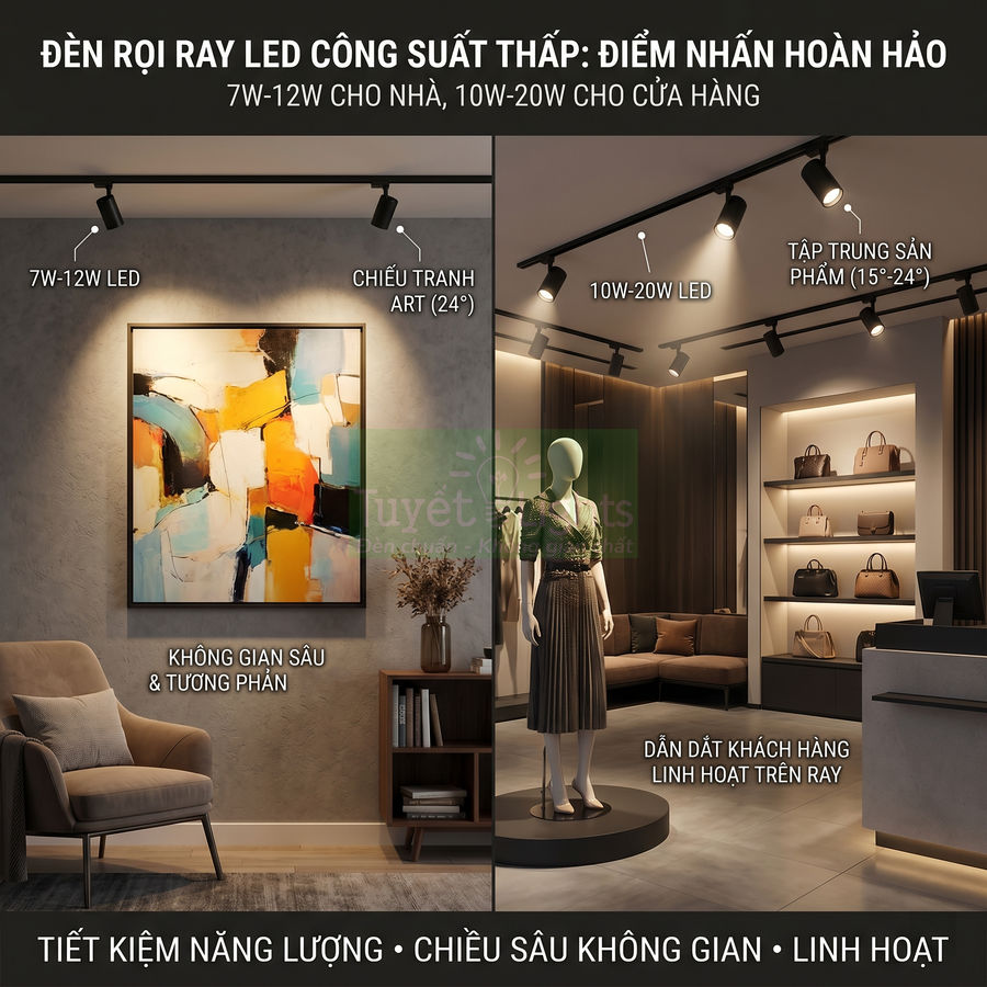 Đèn rọi ray LED công suất thấp chiếu sáng tranh treo tường và khu trưng bày thời trang, tiết kiệm năng lượng