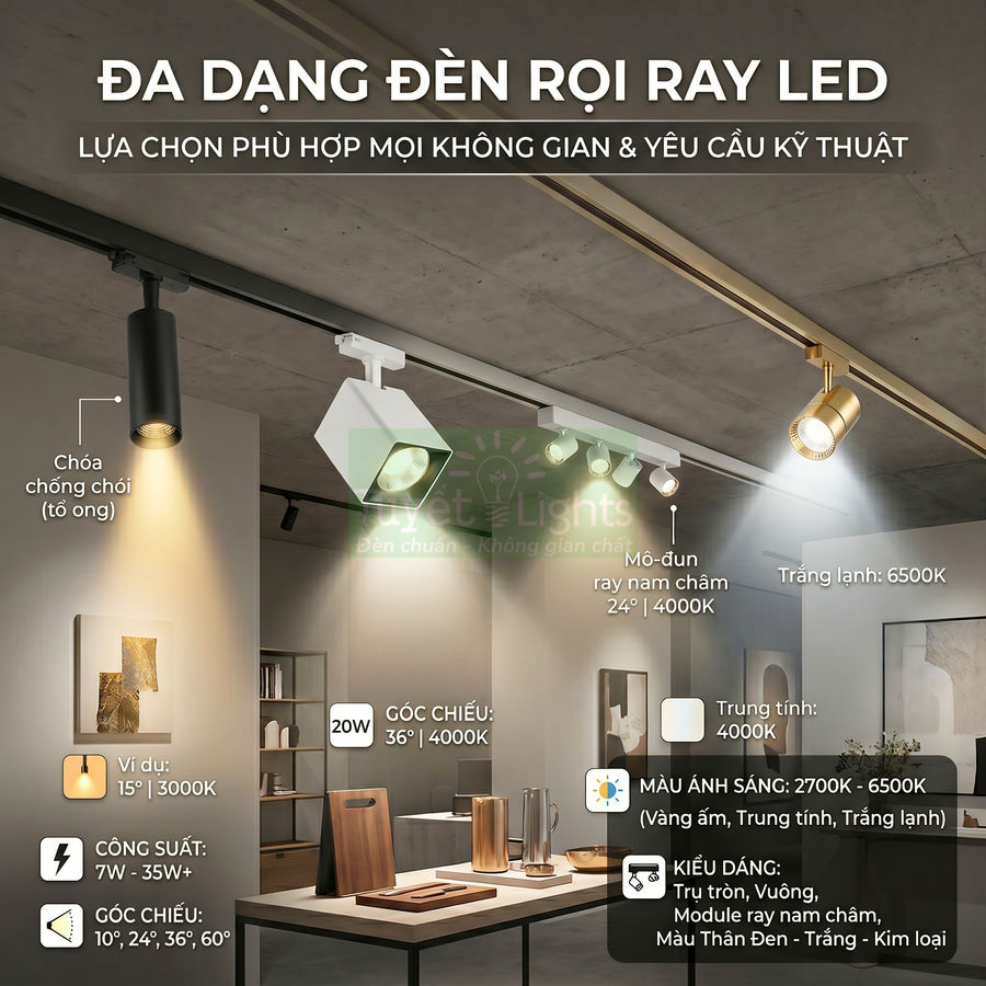 Đèn rọi ray LED nhiều kiểu dáng chiếu sáng không gian nội thất hiện đại