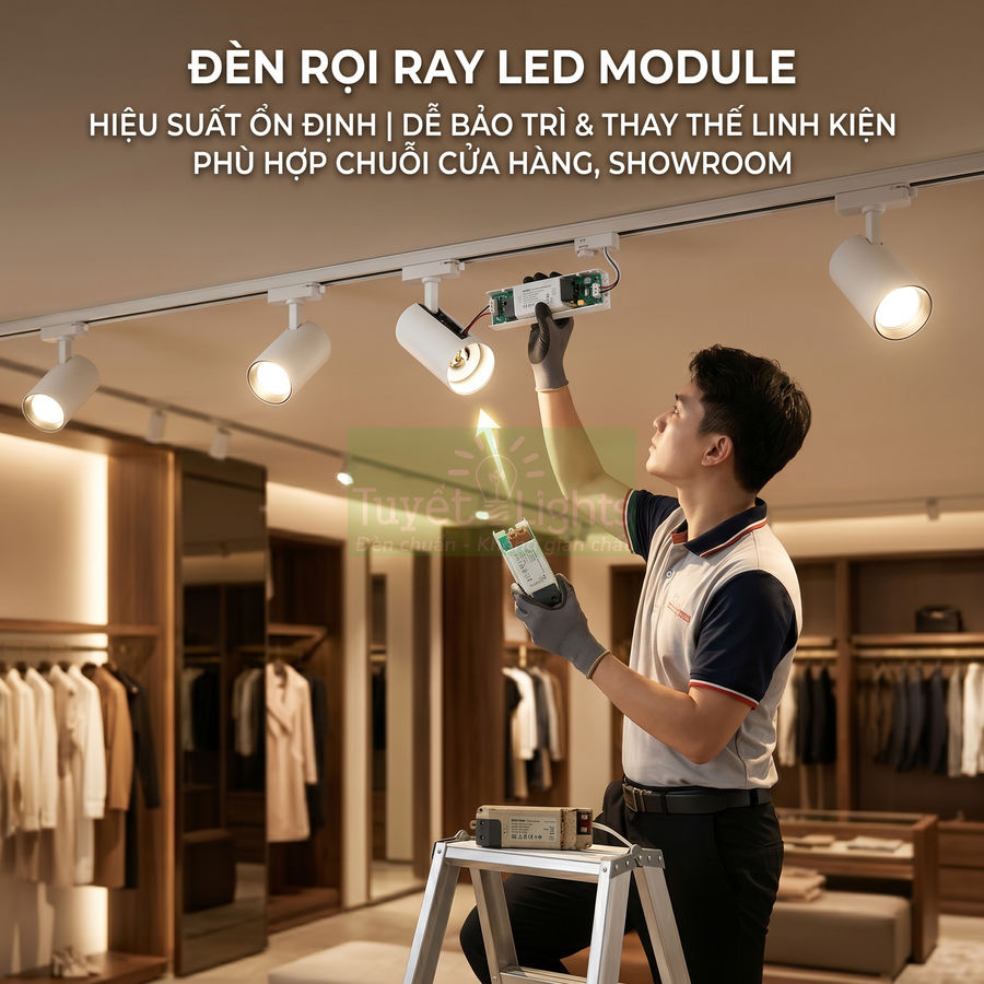 Kỹ thuật viên lắp đặt đèn rọi ray LED module chiếu sáng showroom thời trang