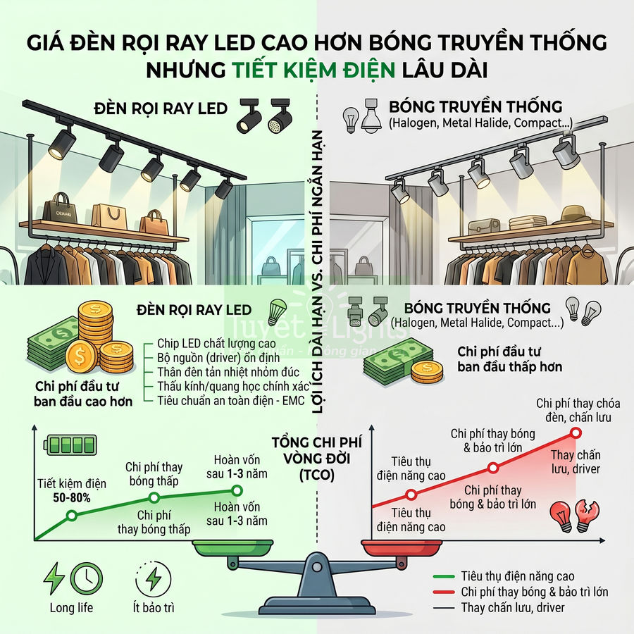So sánh đèn rọi ray LED và bóng truyền thống về chi phí, tiết kiệm điện và lợi ích lâu dài trong cửa hàng thời trang