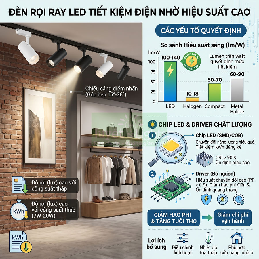 Đèn rọi ray LED chiếu sáng điểm nhấn cho cửa hàng quần áo, tiết kiệm điện và hiệu suất cao