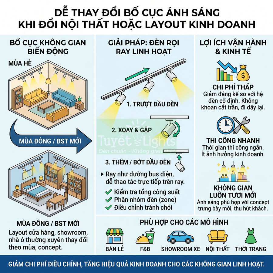 Đèn rọi ray linh hoạt Tuyết Lights cho phòng khách và showroom dễ thay đổi bố cục ánh sáng theo mùa