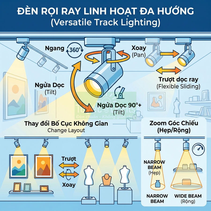 Đèn rọi ray đa hướng linh hoạt xoay, trượt dọc ray và zoom góc chiếu cho không gian trưng bày
