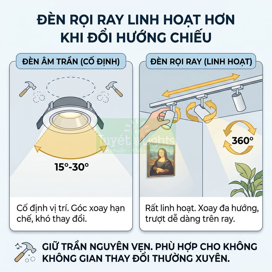 So sánh đèn âm trần cố định và đèn rọi ray xoay 360 độ linh hoạt chiếu sáng tranh và nội thất