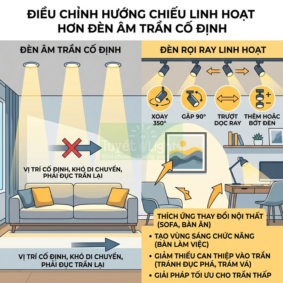 So sánh đèn âm trần cố định và đèn rọi ray linh hoạt cho phòng khách và góc làm việc